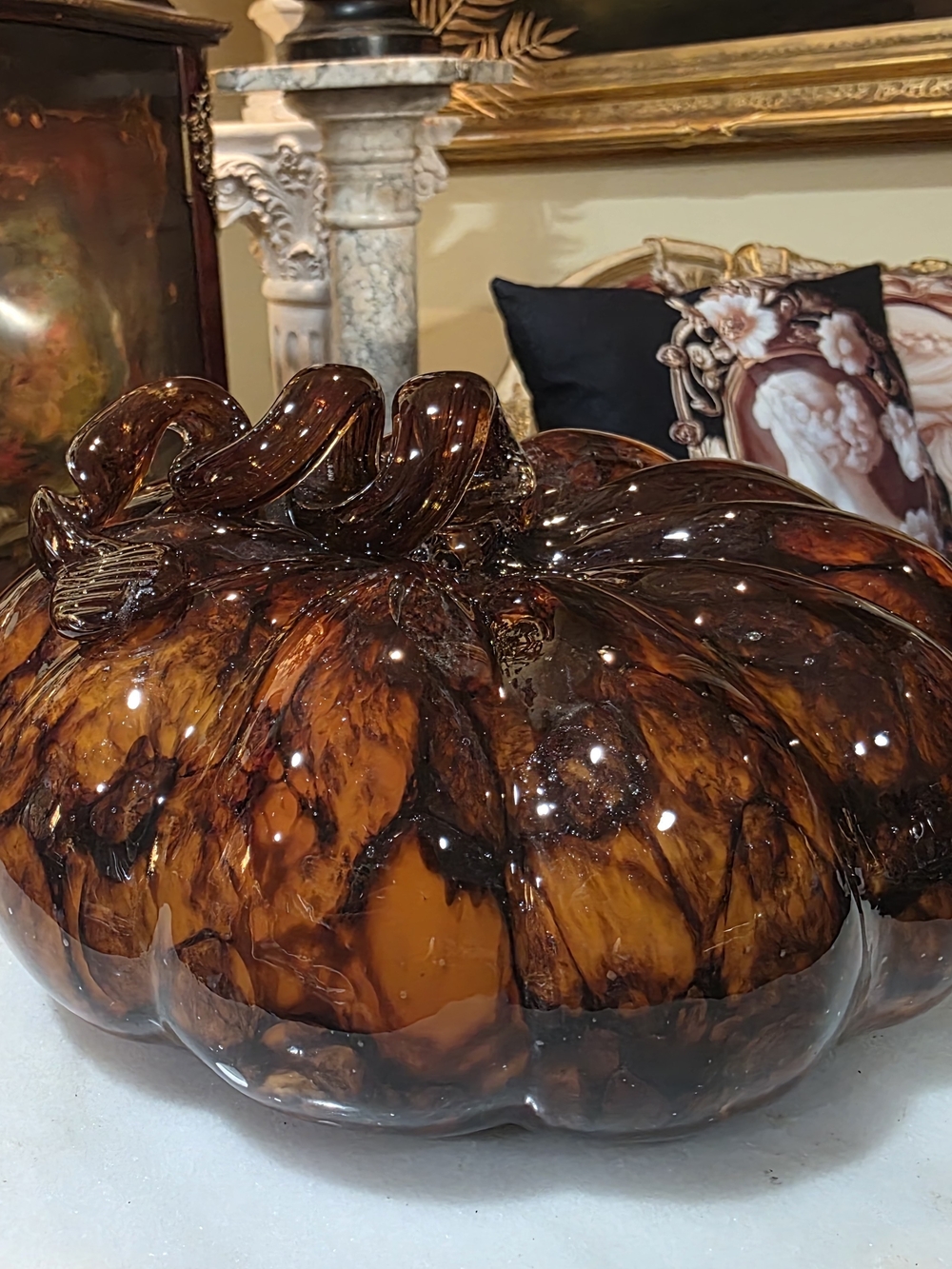 Large Hand Blown Amber Marbled Art Glass Pumpkin – 8" Decorative Sculpture